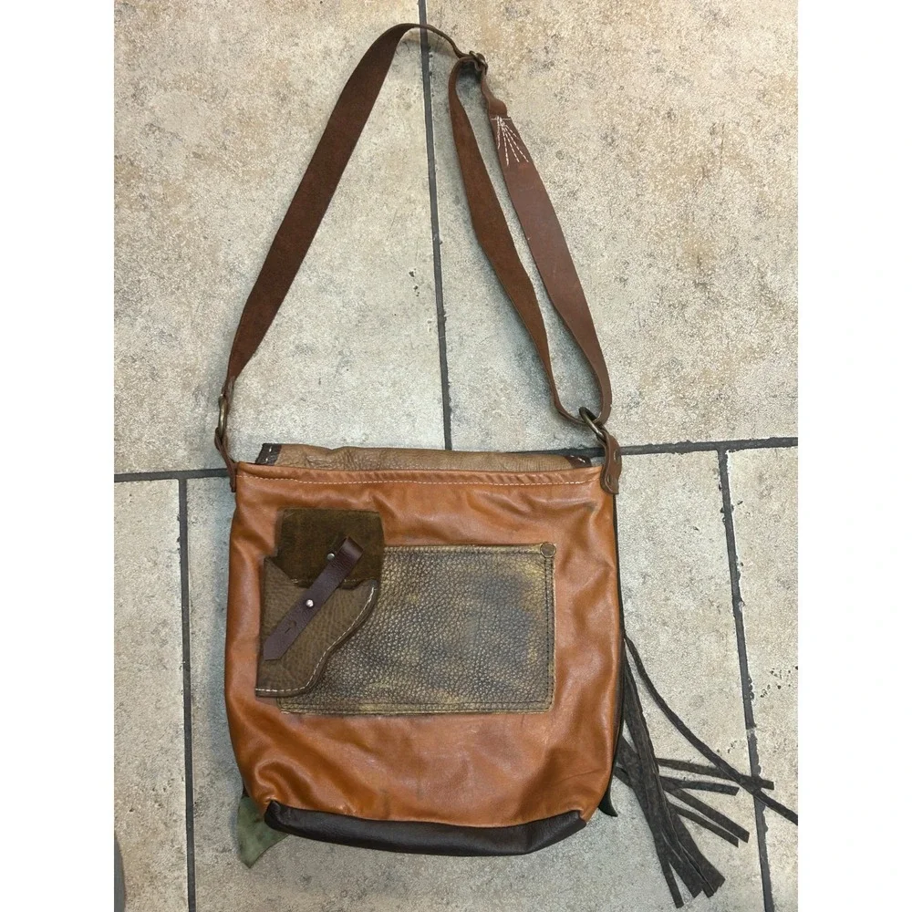 Handmade Leather Patchwork Crossbody Bag Boho Steampunk Tassel Chain Purse